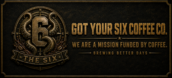 A square promotional graphic with a dark textured background and ornate gold-toned typography. On the left is a circular emblem featuring a large number 6, an octopus, and the words 'THE SIX'.